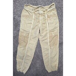 Sundance Lace Cropped Pants Size 6 Linen Blend Distrssed Yellow Boho Frayed